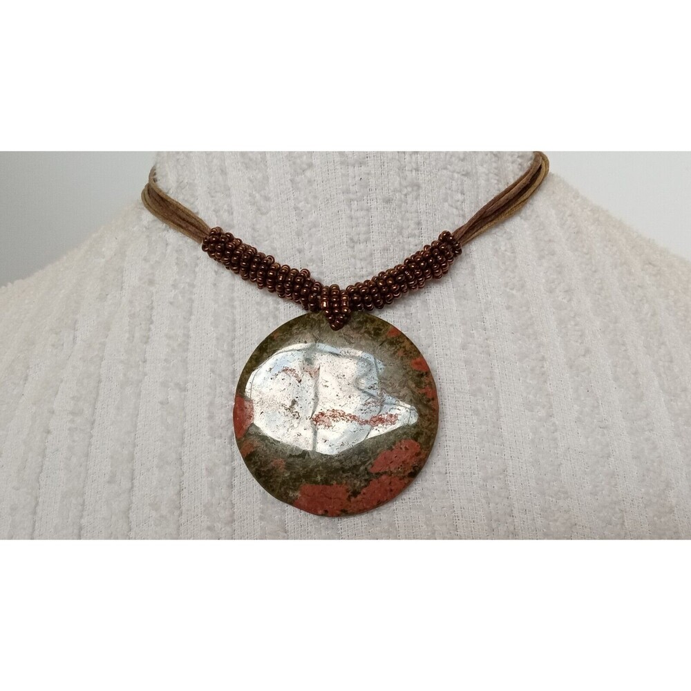 Natural Unakite Jasper Pendant Necklace w Bronze Seed Beads 14-15.5 in - Picture 5 of 7